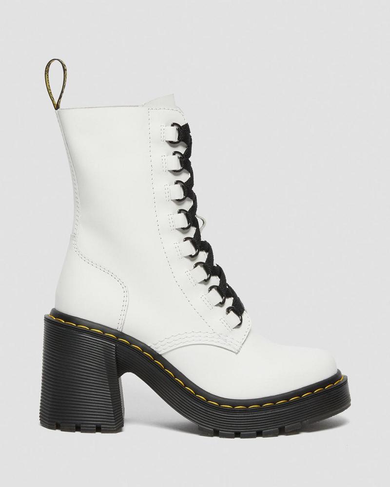 White Women's Dr Martens Chesney Leather Flared Heel Heeled Boots | CA 137YXF